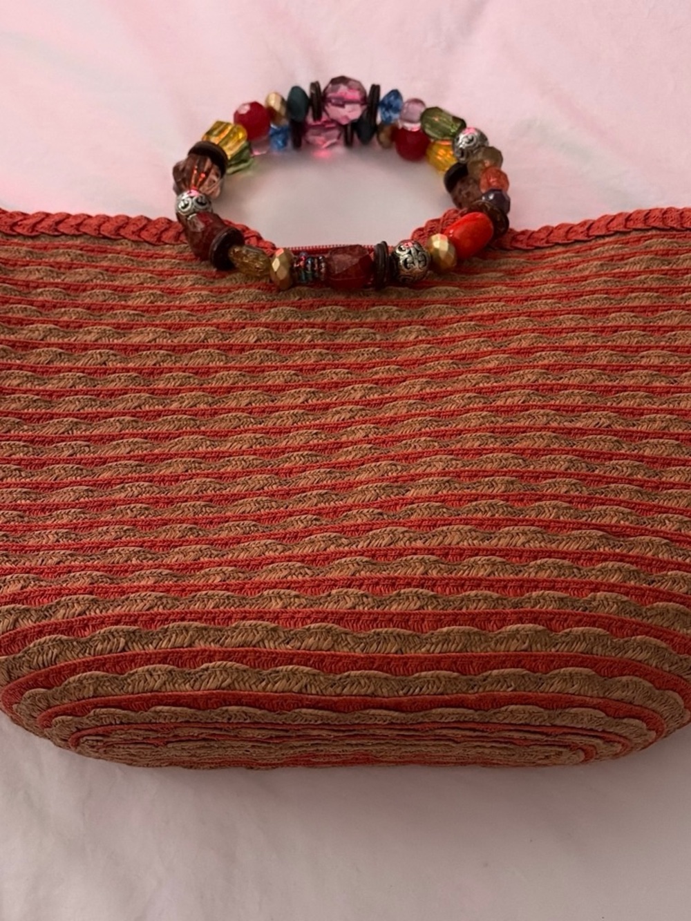 Woven Red and Tan Beaded-Handle Tote
